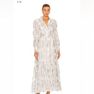 Rococo Sand White Metallic Silver Sequin Long Sleeve Elia Belted Maxi Dress